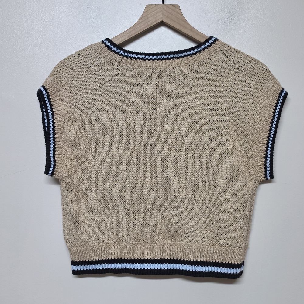ANTHROPOLOGIE MAEVE SARAH GORDON Sz S Bee Cropped Sweater Vest Top Tan - Picture 5 of 7